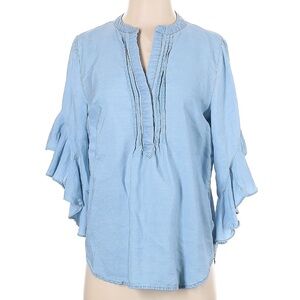 Vince Camuto Light Blue Ruffled Bell Sleeve Mandarin V-Neck Tencel Blouse Sz S